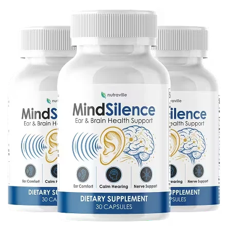 Official product photo of the MindSilence 3-bottle kit, a 90-day supply