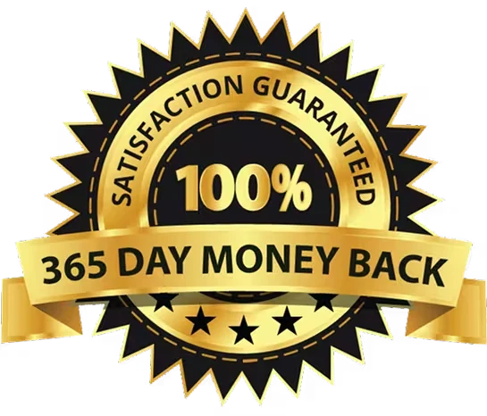 Marketing badge used in the MindSilence sales letter showing a 365-day money-back guarantee, a claim the company's own returns page contradicts with a 180-day window