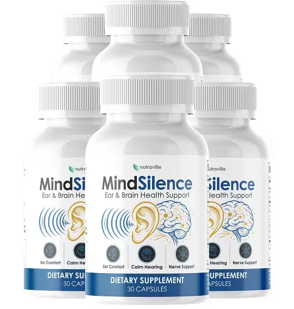 Official product photo of the MindSilence 6-bottle kit, a 180-day supply and the only tier with free shipping