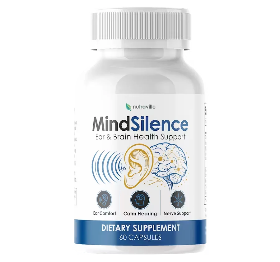 Nutraville's product render of the MindSilence bottle, labelled Ear and Brain Health Support. This render reads 60 capsules, while the manufacturer's flat label artwork and order form both state 30.