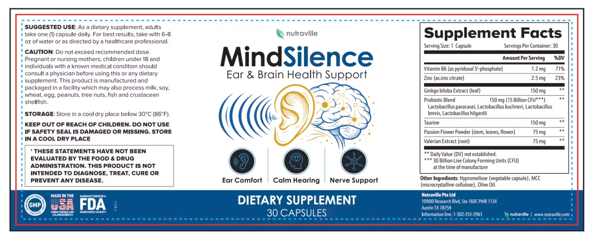 MindSilence label by Nutraville showing the Supplement Facts panel: serving size 1 capsule, 30 servings, Vitamin B6 1.2 mg, Zinc 2.5 mg, Ginkgo biloba Extract 150 mg, Probiotic Blend 150 mg at 15 billion CFU, Taurine 150 mg, Passion Flower Powder 75 mg and Valerian Extract 75 mg