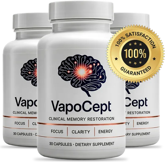 VapoCept bottles with the 100% satisfaction guaranteed seal and 60-day money-back guarantee